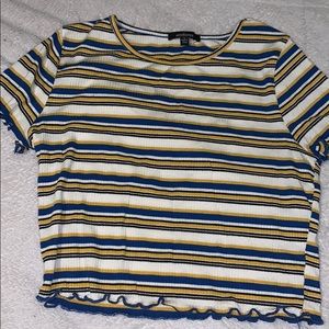 Ribbed yellow blue black and orange shirt .
